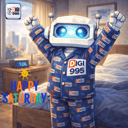 Robot In Pajamas With 995 Logo GIF