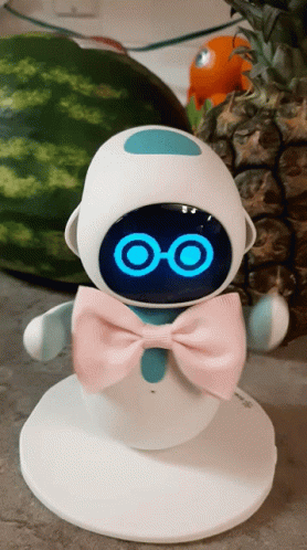 Robot in Pink Bow Tie and Glasses With Watermelon and Pineapple