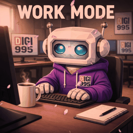 Robot in Purple Digi Hoodie Typing
