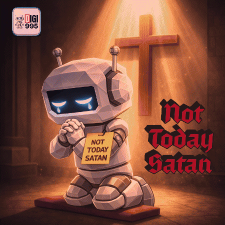 Robot Kneeling with Not Today Satan Sign