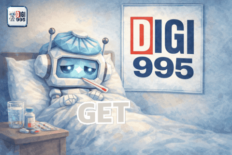 Robot Lying in Bed With Thermometer in Front of Digi 995 Get Sign