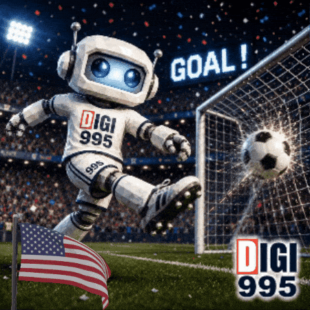 Robot Mascot Kicking Soccer Ball Saying Digi 995 GIF