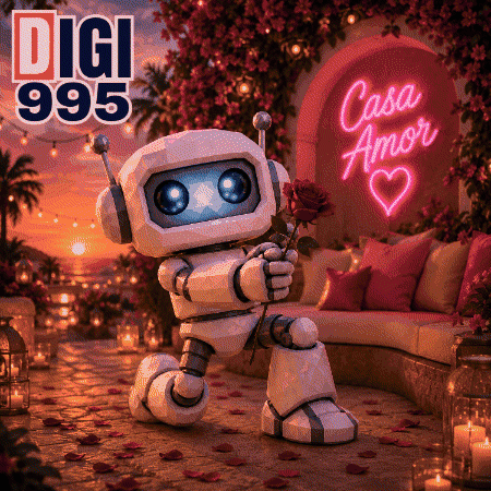 Robot On Bed Holding Red Rose With Amor GIF