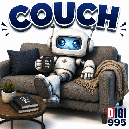 Robot on Couch Holding Good Vibes Only Mug