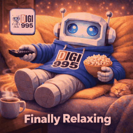 Robot On Couch With Remote And Popcorn Saying Finally Relaxing GIF