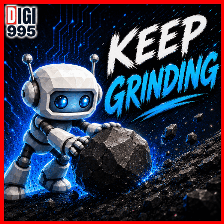 Robot Pushing Rock Saying Keep Grinding
