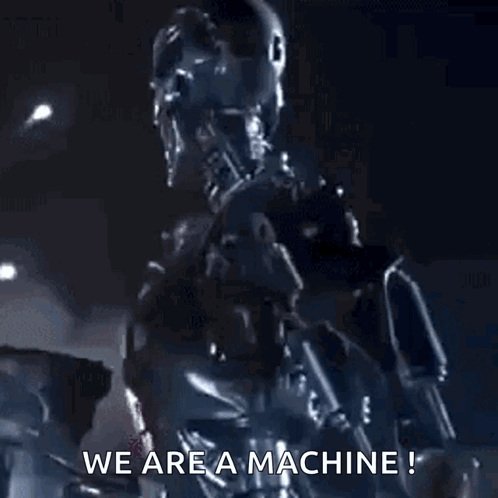 Robot Saying We Are a Machine in Purple Light