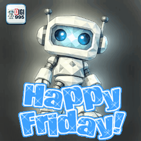 Robot Says Happy Friday With Digi Logo GIF