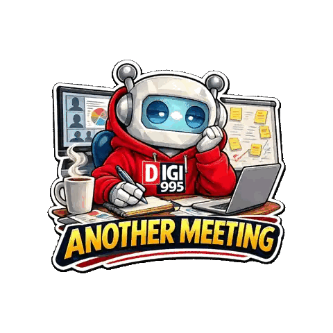 Robot Sitting at Desk with Laptop and Coffee