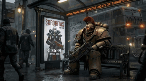 Robot Sitting on Bench in Front of Faith & Fire Sign