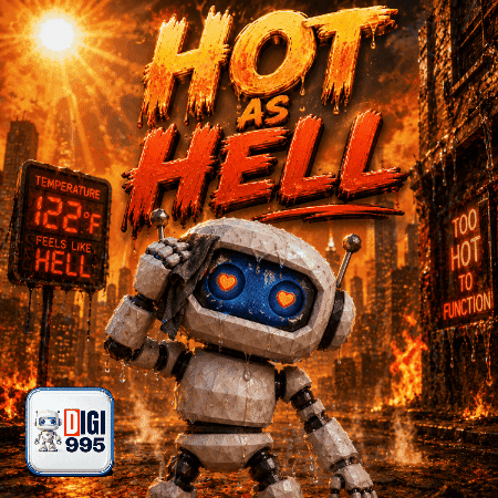 Robot Standing by Hot As Hell Sign