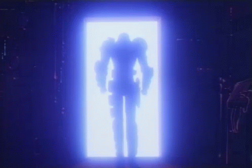 Robot Standing In Doorway With Glowing Light GIF