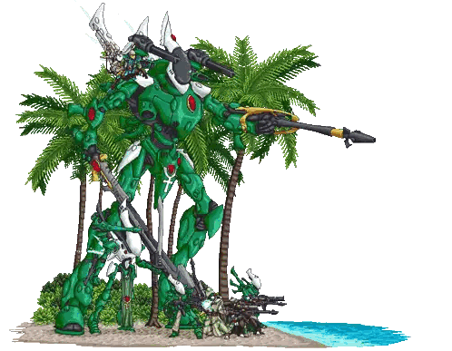Robot Standing on Beach with Palm Trees