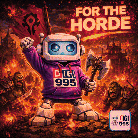 Robot Wearing Digi 995 Hoodie Holding Axe