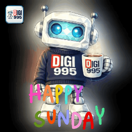 Robot Wearing Digi 995 Sweater Holding Coffee