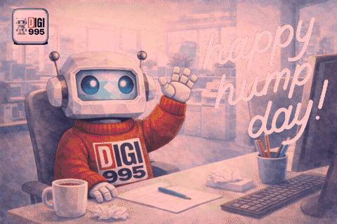 Robot Wearing Digi Sweater at Desk