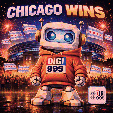 Robot Wearing Hoodie Saying Chicago Wins GIF