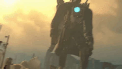 Robot With Blue Light On Head In Fog GIF