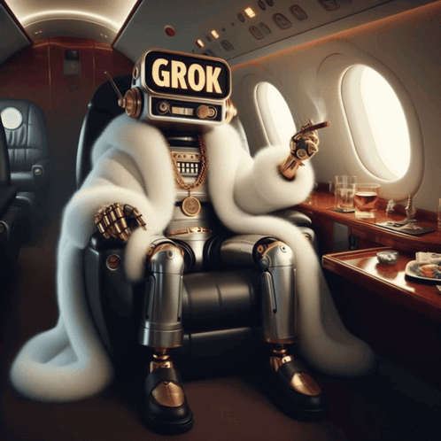 Robot With Grok On Head Sitting In Chair GIF