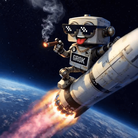 Robot With Grok Smoking Cigar On Rocket GIF