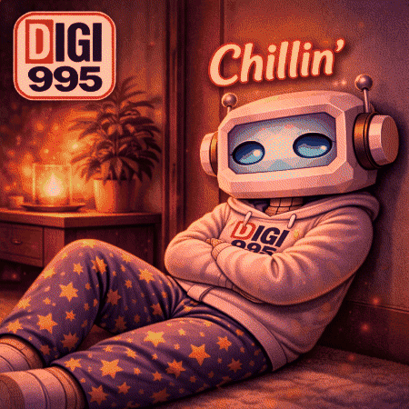 Robot With Headphones Laying Near Digi 995 Sign GIF