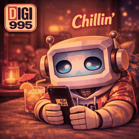 Robot With Headphones Looking At Phone Digi 995 Chillin GIF