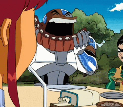 Robot With Helmet Eating Sandwich