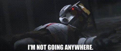 Robot With Helmet Says I'm Not Going Anywhere