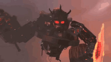 Robot with Horns and Red Eyes Holding Sword