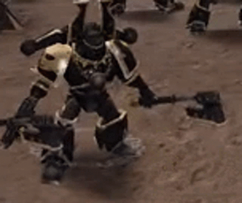 Robot With Horns Holding Axe and Gun