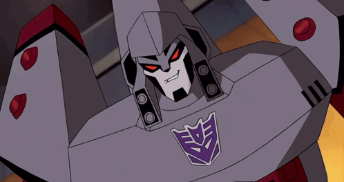 Robot With Purple and Black Emblem on Chest