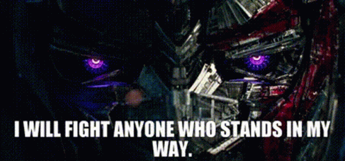 Robot With Purple Eyes Saying I Will Fight Anyone Who Stands in My Way