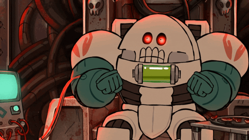 Robot With Red Eyes and Green Device in Mouth