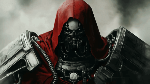 Robot With Red Hood and Skull on Face