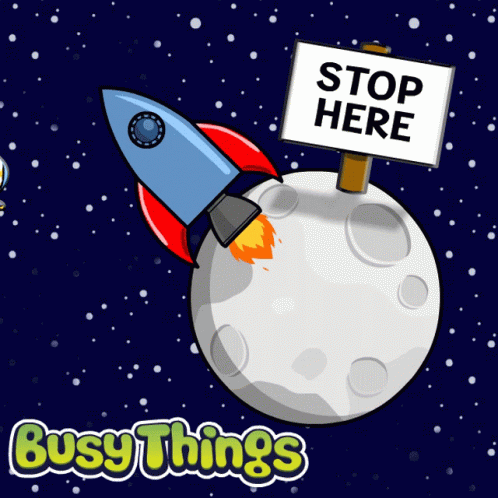 Rocket Flying Over Moon With Stop Here Sign