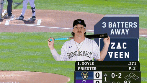 Rockies Baseball Player Holding Bat in Front of 3 Batters Away Sign