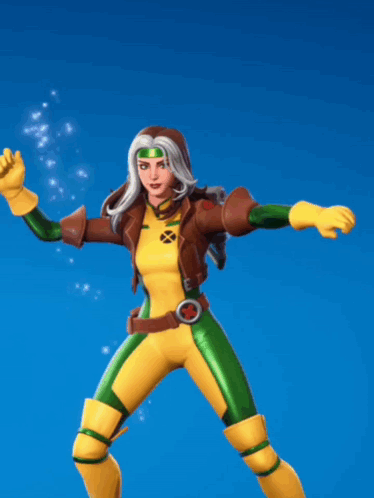 Rogue From The X-Men Is Standing On One Leg With Her Arms In The Air GIF