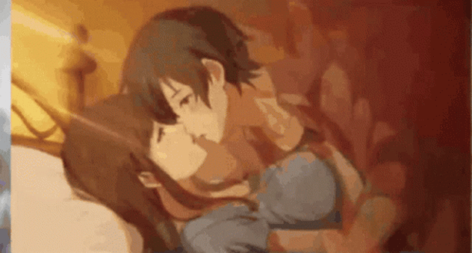 Romantic Anime Couple Kissing In Bed GIF