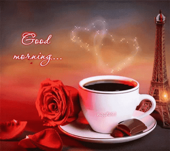 Romantic Good Morning Coffee Sparkling Hearts Eiffel Tower GIF