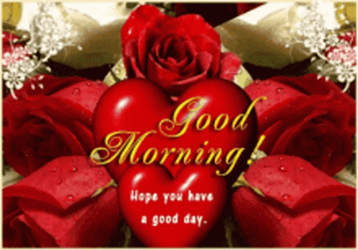 Romantic Good Morning Greeting Red Hearts Flowers GIF