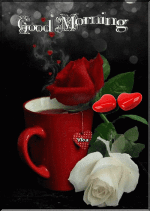 Romantic Good Morning Greeting Sweet Coffee Flowers GIF
