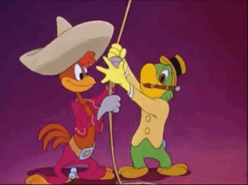 Rooster and Parrot Holding Rope