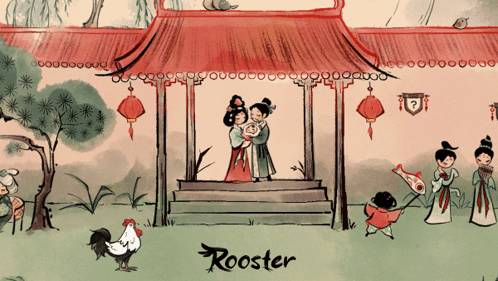 Rooster and Woman Holding Child