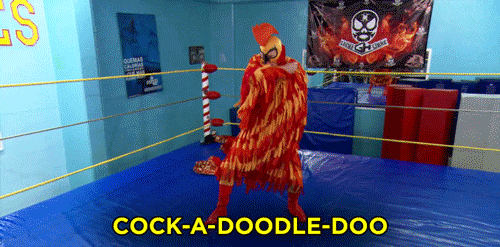 Rooster Crowing Man Mascot Costume GIF