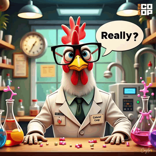 Rooster in Lab Coat Saying Really