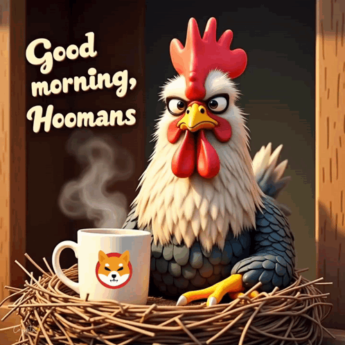 Rooster Sitting in Nest With Coffee