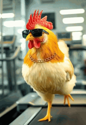 Rooster Wearing Sunglasses and Chain on Treadmill