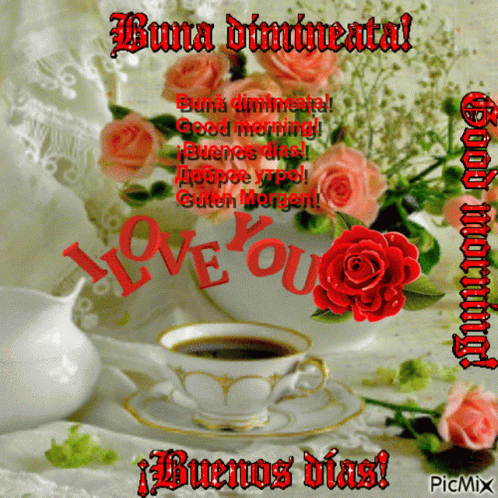 Roses and Coffee Cup Saying I Love You