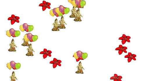 Row of Balloons and Red Flowers