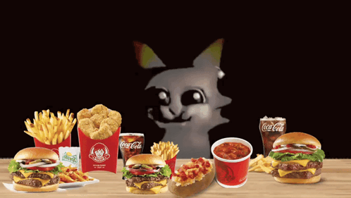 Row of Hamburgers Fries Nuggets and Coca Cola
